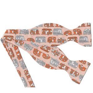 SOLD - Happy Camper Bow tie / Orange & Silver Retro Campers / Self-tie Bow tie